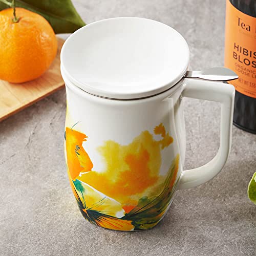Tea Forte Ceramic Fiore Tea Cup with Infuser, Wild Poppy, 14 oz - color: Wild Poppy