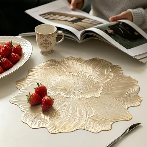 Quantum Love Camellia Gold Round Placemats Set of 6, 15 Inch PVC 3D Metallic Flower Table Mats, Wipeable Waterproof Non Slip Heat Resistant Placemats for Wedding Party Christmas Dining Table Decor - color: Gold Camellia