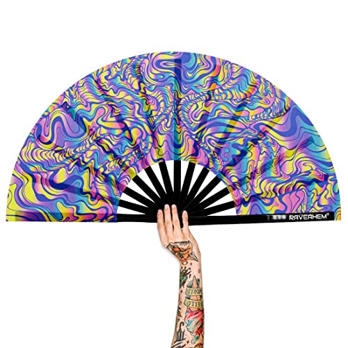 UV Glow Rave Fan, Bamboo Folding Clack Hand Fans Foldable for Men Women, Poping Fan for EDM Festival Line Dance Decoration, (Waves-2, Large 13") - color: Waves-2, size: Large 13"