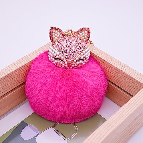 Faux Rabbit Fur Pom Pom Keychain with Fox Head - color: Rose Red