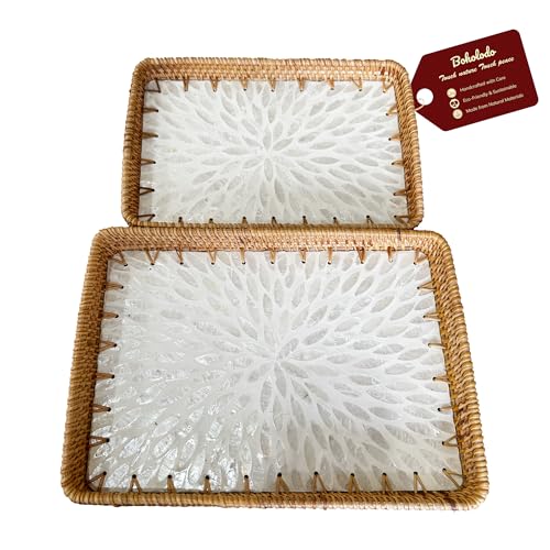 Rattan Rectangle Tray with Mother of Pearl Inlay, Unique Decorative and Serving Tray for Outdoor,Bathroom, Kitchen, Vanity, Perfume, or Coffee Table (Combo White 13"&11.8") - color: Combo White