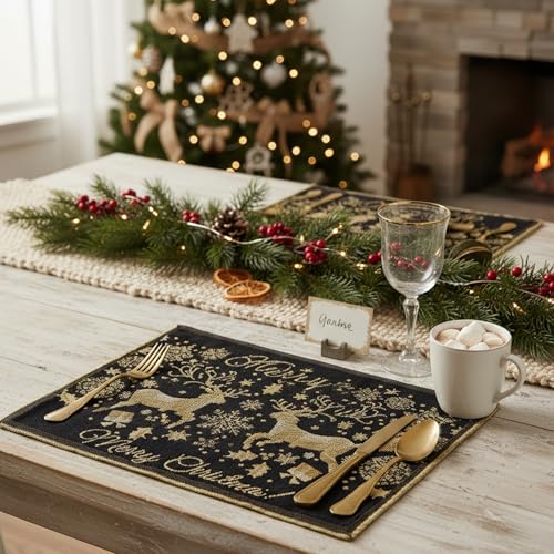 DaDa Bedding Set of 4-Pieces Magical Golden Reindeer Tapestry Placemats - Starry Winter Snowflake Festive Merry Christmas Holiday Yellow & Black - Needle Stitched Woven Table Mats - 13” x 19” - color: Magical Deer