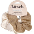 Kitsch Metallic Mesh & Satin Scrunchies For Women - Cream & Gold, 2pcs - color: Cream & Gold
