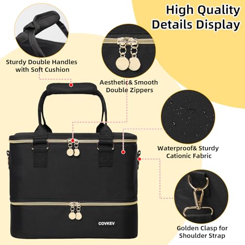 Covkev Nail Polish Organizer Hold 80 Bottles (15ml/0.5 fl.oz)& Nail Lamp, Double Layer Nail Bag Organizer Case with Handle, Large Nail Supplies& Kit Storage Case for Women Travel (Black& Golden) - color: Timeless Black - 80 Bottles