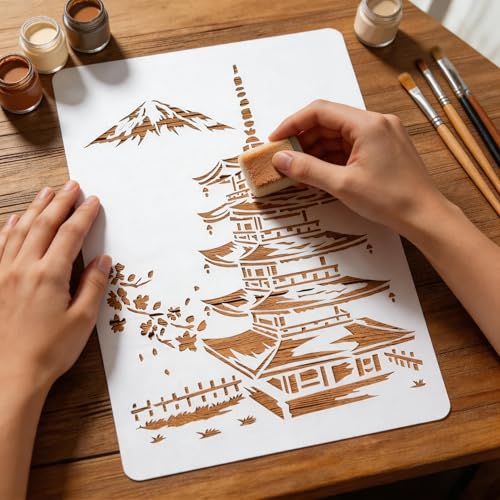 TIAMECH A4 Reusable Japanese Tower Stencil for Painting - style: Japanese Tower