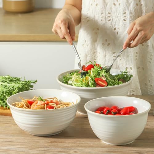 Hasense Mixing Bowls, Ceramic Serving Dishes for Cooking, Baking, Prepping, Nesting Bowls for Salads, Fruit, Popcorn, 2.1/1.5/1.0 Qt, Dishwasher & Microwave Safe, Clay-Infused White - color: Clay-Infused White, size: 40+65+84 Ounce