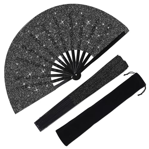 Large Folding Hand Fan Glitter Large Rave Hand Fan, Folding Shiny Hand Fan Clack Handheld Fan Women Handheld Fan with Bag for Festival, Disco Party, Club, Dance, EDM, Home Decoration(Black) - color: Black