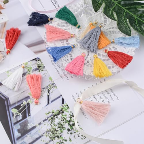 Mini Tassels Charm, 34pcs Golden Circle Mixed Color Mini Tiny Handmade Craft Tassels Charms for DIY Jewelry Necklace Making Accessories - color: 17 Colors-6.5cm