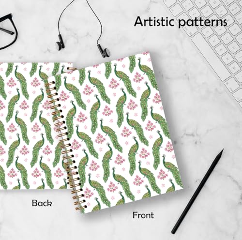 Indian Block Print Inspired Peacock Floral Spiral Notebook 5.5x8.3, Peacock Lovers Gifts Journal for Women, Spring Green and Pink Floral Aesthetic Hardcover Notebook Journal - color: Color_9