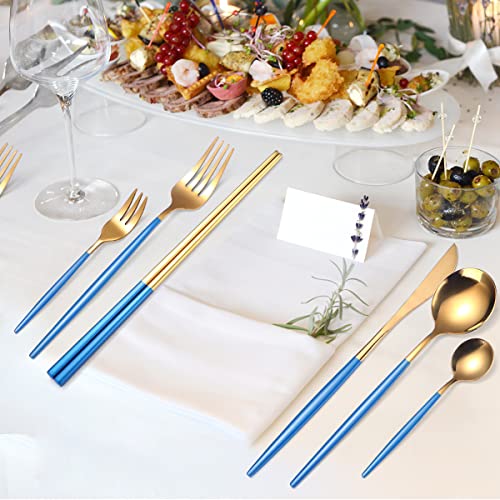 AARAINBOW 8 Pieces Stainless Steel Flatware Set Portable Reusable Cutlery Set Travel Utensils Set Including Chopsticks Knife Fork Spoon Straws Cleaning Brush Dishwasher Safe (Blue Golden) - color: Blue Golden