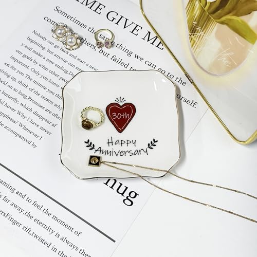 30th Anniversary Wedding Gifts for Husband, Wife, Couples, Parents, Men, Women, 30 Year Wedding Anniv. Pearl Presents for Him, Her, Ceramic Jewelry Plate Tray, Happy 30th Anniversary Ring Holder Dish - style: 30th Anniversary