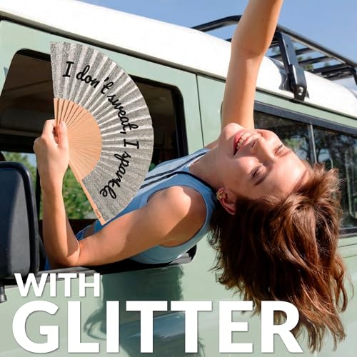 Fisura – Original folding fan with “I Don’t Sweat” message. Modern and colorful wooden folding fan. Silver glitter folding fan. Includes strap. Fun gift idea. 16.7 x 9 in. - color: Sparkle, Silver