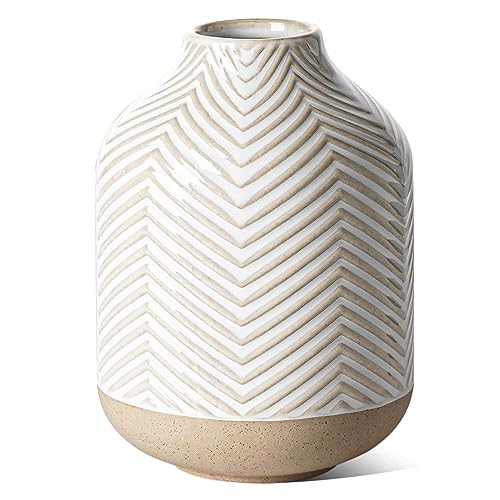 Small Boho Vase for Decor,Rustic Farmhouse Vase for Pampas Grass,Eucalyptus Set and Tiny Stem Flowers,Ceramic for Centerpieces, 5.3 Inch,Wave-Arctic White - color: Wave