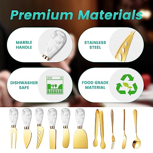 Marble Gold Cheese Knife Set, Ceramic Handle Charcuterie Board Accessories Butter Spreader Slicer Knife With Serving Tongs, Spoons, Forks, Flags Markers, Wooden Honey Dipper - color: Marble Gold