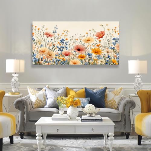 KZKU Floral Canvas Wall Art Wildflower Garden Print 24x48 inches Pink Yellow Blue Watercolor style Flower Picture for Bedroom Living Room Artwork Home Wall Decoration - color: Multicolor/floral, size: 48"L x 24"W