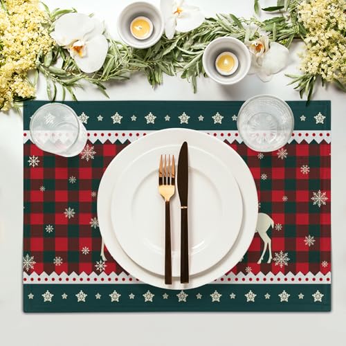 Christmas Elk Snowflakes Placemats Set of 4 for Dining Table,Xmas Reindeer Red Green Buffalo Plaid Washable Table Mats Placemats for Winter Kitchen Holiday Coffee Place Mat 18 x12 Inch - color: Christmas Reindeer