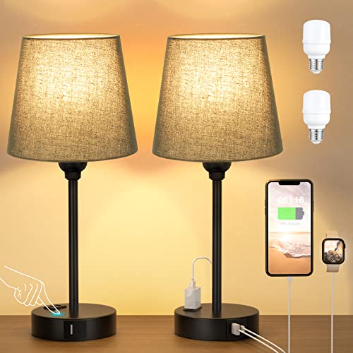 Black Bedside Lamps Set 2 for Bedroom - Dimmable Touch, USB C+A, AC Outlet - color: Black