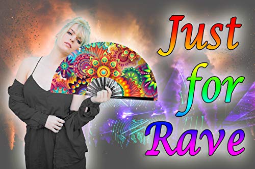 OMyTea Large Bamboo Rave Festival Folding Hand Fan for Men/Women - Chinese Japanese Handheld Fan with Fabric Case - for Electronic Dance Music Party, Performance, Decorations, Gift (Fantasy Flowers) - color: Fantasy Flowers
