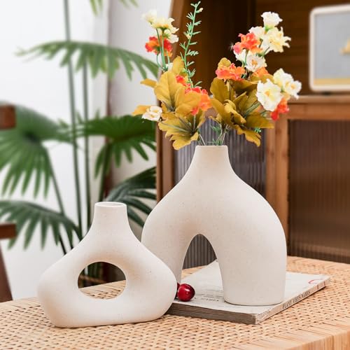 CEMABT Beige Ceramic Vase Set of 2 for Modern Minimalist Bohemian Decor，Round Matte Donut Vases for Pampas Grass-Perfect for Living Room, Dining Table, Office Bedroom Shelf Decor Entryway, Console… - color: Beige