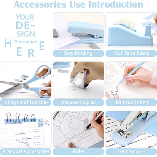 Dimonluce Blue Desk Accessories, Blue Office Supplies Accessories with Tape Dispenser, Stapler, Staple Remover, 1000 Staples, Tape, Clips Set, Ruler, Scissor, Pen - color: Blue