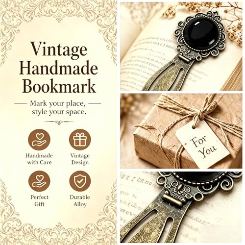 1Pcs Vintage Black Onyx Bookmark with Natural Crystal Stone - Fantasy Brass Metal Black Obsidian Bookmarks for Reading Women, Men, Book Lovers, Girls and Teachers Book Marks(Black Onyx) - color: Black Onyx