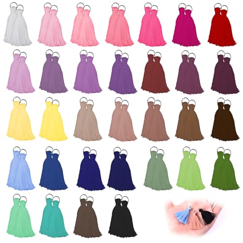 Mini Tassels Charm, 66pcs Silver Circle Mixed Color Mini Tiny Handmade Craft Tassels Charms for DIY Jewelry Necklace Making Accessories - color: 33 Colors -3.5cm