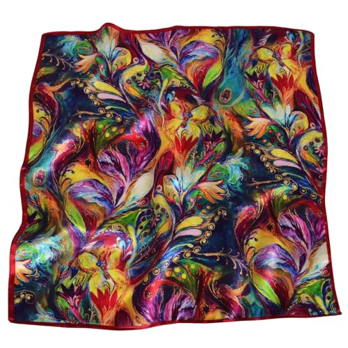 Women 100% Mulberry Silk Neck Scarf 21" Square Floral Neckerchief - color: Red Fire Phoenix