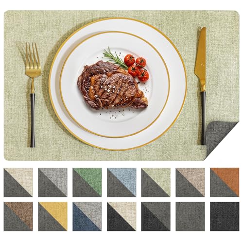 Romanstile Vinyl Placemats Set of 6, Reversible Faux Leather Wipeable Table Mats - color: Grey-grass Green, size: PCS4