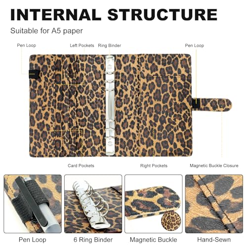 Convend A5/A6 Refillable 6 Ring Faux Leather Binder Cover (Leopard) - color: Leopard Texture, size: Luxe-A5