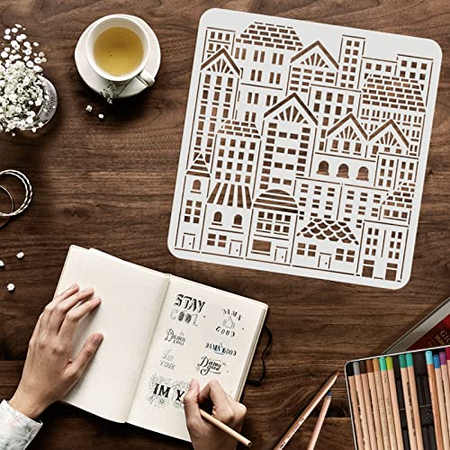 FINGERINSPIRE City Buildings Stencil 11.8x11.8inch Reusable Cityscape Drawing Stencil for Painting on Wood, Canvas, Paper, Floor, Wall - color: City Buildings