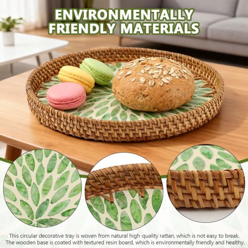 Handwoven Round Rattan Tray with Mother of Pearl Inlay, 11.02inch Round Decorative Serving Tray for Dining Table, Wall Decor & Gift(Size:Leaf)