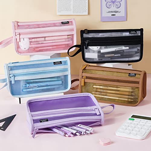 Four Candies Grid Mesh Pencil Case, Clear Double-layer with Handle (Pink) - color: Pink