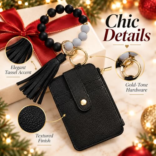 Boho Beaded Wallet Wristlet Keychain Card Holder Tassel Purse - color: A2:black