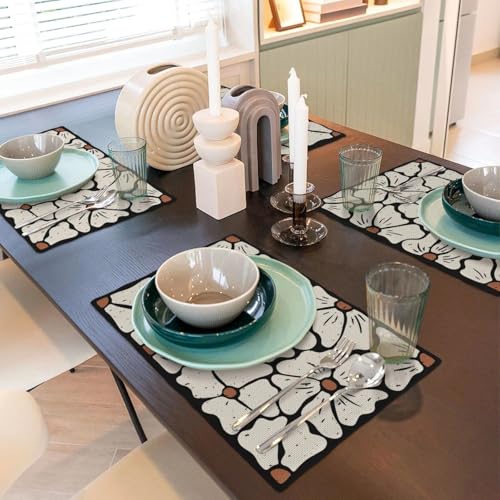 Boho Floral Placemats, Vintage Linen Place Mat Set of 4, Washable Non-Slip Heat-Resistant Farmhouse Abstract Table Mats, Wildflower Spring Summer Dining Mat for Party Kitchen Dining Decoration - color: Black Flower