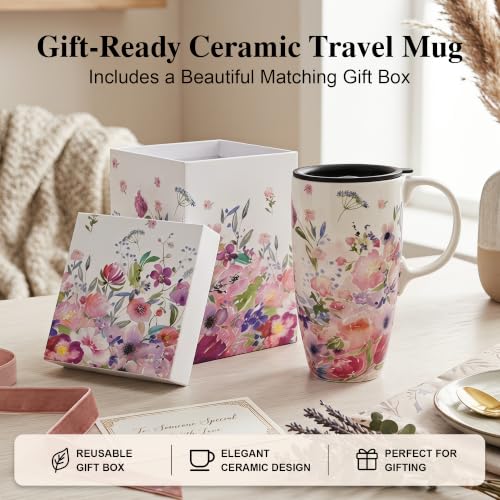 Topadorn 17oz Ceramic Coffee Mug with Lid, Floral Travel Mug with Handle - color: Pink Floral