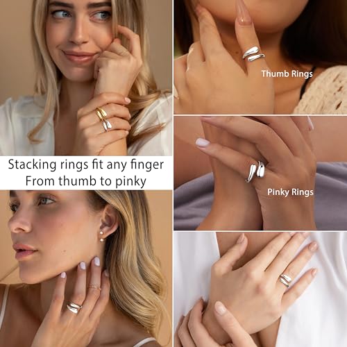 Non Tarnish Gold Chunky Rings for Women, 14K Gold Plated Statement Dome Rings Stacking Silver, Adjustable Mens Eternity Wedding Band Mixed Metal Jewelry Size 3-15 Half Size - color: Silver