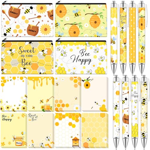 Eaasty 20 Pieces Bee Gift Set Cute Sticky Notes with Pens, Pencil Bags Makeup Bags, 3 x 4 Inch Animal Notepads, Funny 1.0 mm Ballpoint Pens, Office Pink Bow Party Supplies for Women - style: Bee