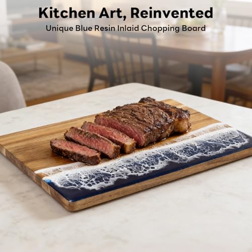 Ocean Resin Charcuterie Board, Acacia Wood & Resin Cutting Board, Decorative Serving Platter for Cheese, Fruit, Snacks, Beach Themed Kitchen Gift for Party, Holiday, Birthday（blue） - color: blue ocean