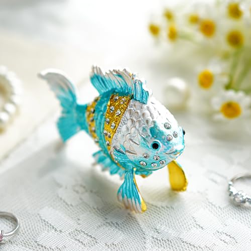 YU FENG 3.1 Inch Tropical Fish Trinket Box, Hinged Enamel Jewelry Box - color: Goldfish