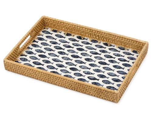 Rectangular Rattan Serving Tray with Mother of Pearl Inlay, Black Fish - color: Black Fish