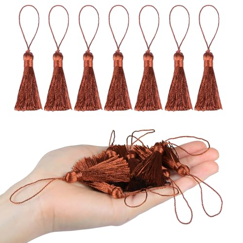 48Pcs Mini Bookmark Tassels Handmade Keychain Silky Tassel - color: 32# Rust Red