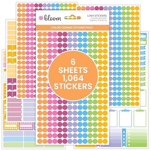 bloom daily planners Color Coding Planner Stickers - 1/4" Dot Labels - Six Sheets, 1000+ Stickers Per Pack! - color: Bright