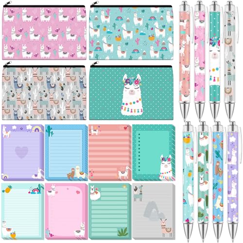 Eaasty 20 Pieces Llama Gift Set Sticky Notes with Llama Pens, Pencil Bags Makeup Bags, 3 x 4 Inches Cute Note Pads, Funny 1.0 mm Ballpoint Pens, Office Supplies for Women Small Gift - style: Llama