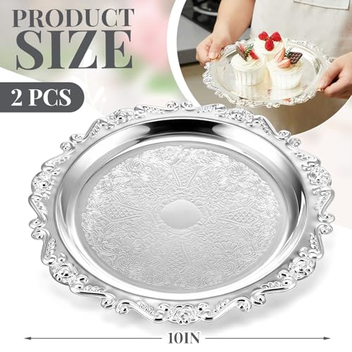 2 Pcs Silver Serving Trays 10 Inch, Vintage Floral Round Metal - size: 10 Inch