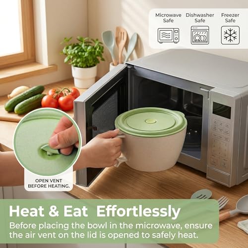 SOUJOY 2 Pack Noodle Bowl With Lid, 40 OZ Large Microwave Wheat Straw Soup Bowl with Phone Holder, Instant Noodle Bowl for Soup, Noodles, Ramen