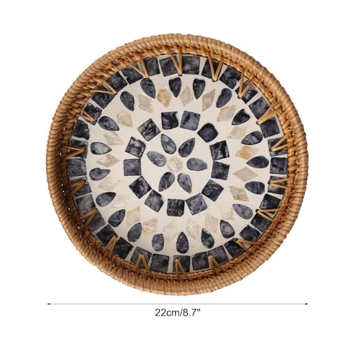Round Rattan Tray, Serving Platters with Mother of Pearl Inlay Aesthetic Wicker Jewelry Dishes for Snacks Fruits Jewellery Home Decor 22cm