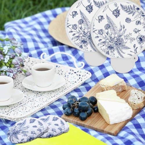 Roowest 10 Pcs Blue Chinoiserie Floral Folding Hand Fans with Bag Handle