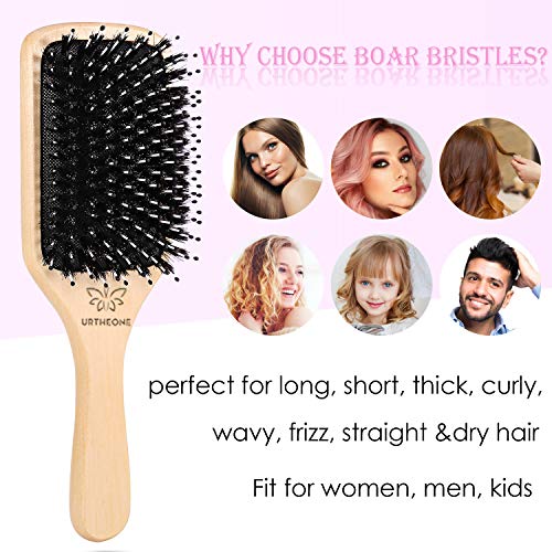 Hair Brush Boar Bristle Hairbrush for Thick Curly Thin Long Short Wet or Dry Hair Adds Shine and Makes Hair Smooth, Best Paddle Hair Brush for Men Women Kids - color: Natural Wood