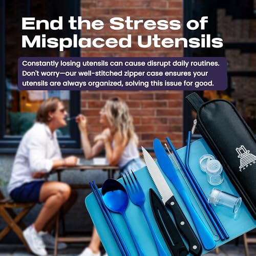 Travel Utensils With Case, 10 Pcs portable silverware set (Blue) - color: Blue, size: 10 Pieces