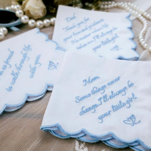 Something Blue Wedding Handkerchiefs for Bride, Embroidered Wedding Gift for Husband Mom Dad - color: Mom
